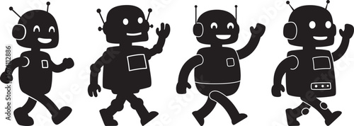 Four cartoon robot characters walking and waving in silhouette isolated on white background