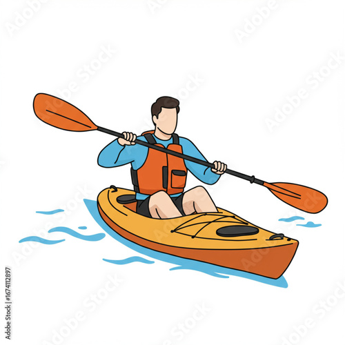 A man in a life vest paddles an orange kayak across calm blue water, enjoying a recreational activity.