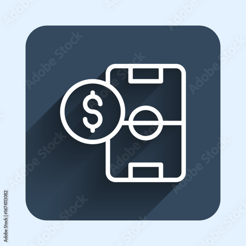 White line Soccer football betting money icon isolated with long shadow background. Football bet bookmaker. Soccer betting online make money. Blue square button. Vector