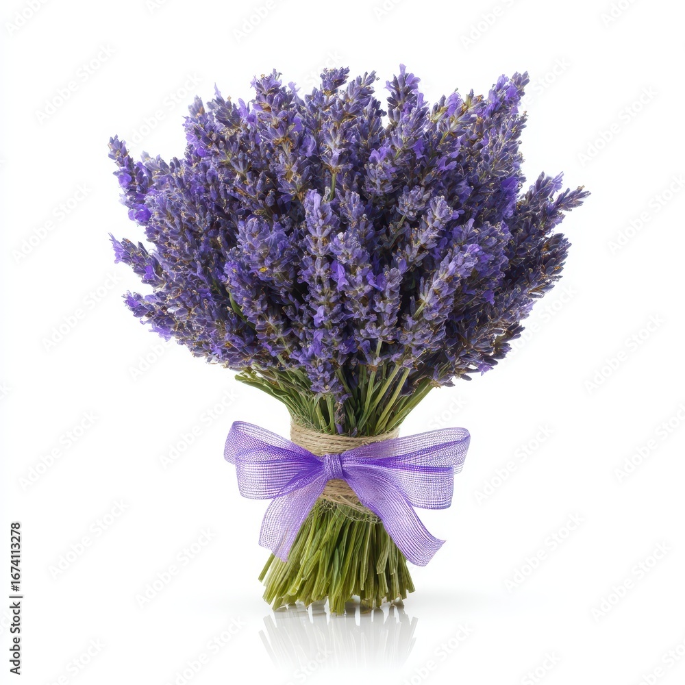 Fototapeta premium Fresh Lavender Bouquet with Purple Ribbon on White Background