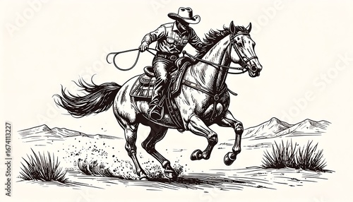 Cowboy on horse, running desert