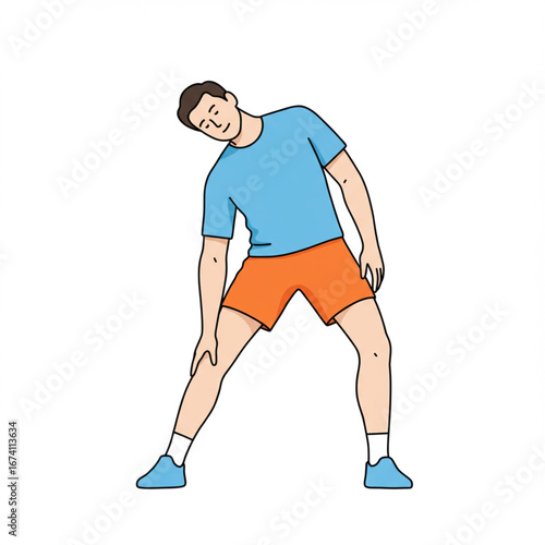 Illustration of a smiling man in sportswear stretching his torso to the side for exercise.