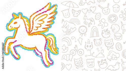 Illustration of a pegasus with colorful outlines next to a background of various doodle sketches art style silhouette