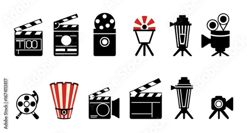 movie film icons, cinema icon set, film reel icon, movie camera icon, clapperboard icon, cinema ticket icon, popcorn icon, film strip icon, director chair icon, spotlight icon, projector icon, video c