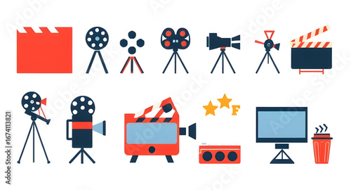 movie film icons set, cinema icons vector, film reel icon, movie camera icon, clapperboard icon, director chair icon, popcorn cinema icon, ticket stub icon, spotlight cinema icon, projector icon, film