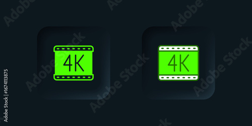Green 4k movie, tape, frame icon isolated on black background. Black square button. Vector