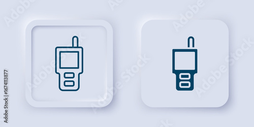 Filled and outline Walkie talkie icon isolated on grey background. Portable radio transmitter icon. Radio transceiver sign. Square button. Vector