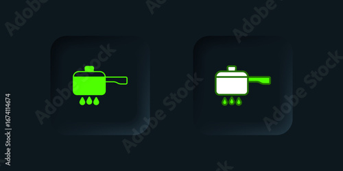 Green Cooking pot on fire icon isolated on black background. Boil or stew food symbol. Black square button. Vector