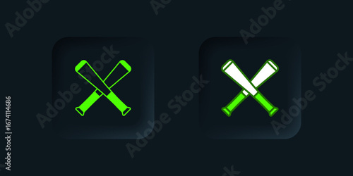 Green Crossed baseball bat icon isolated on black background. Black square button. Vector