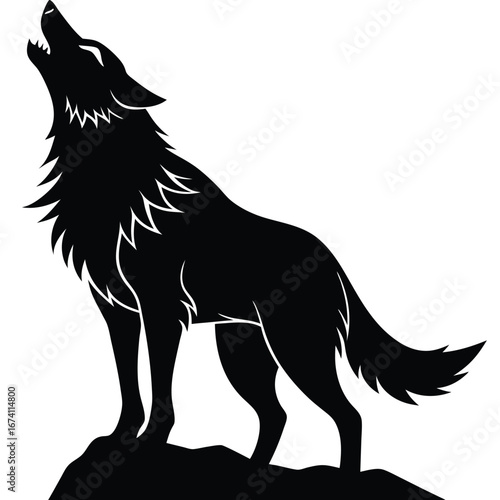 Black silhouette of a wolf howling on a rock white 1