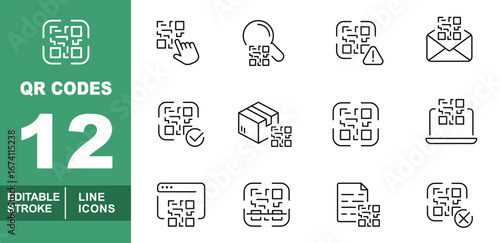 QR Codes line icon set. Exclusive QR Codes line icon collection. Containing QR Code with finger tap, QR Code with magnifying glass, QR Code with attention mark, QR Code in mail. Editable stroke