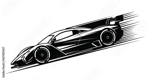 A sleek, stylized black sports car racing across a white background, showing speed.
