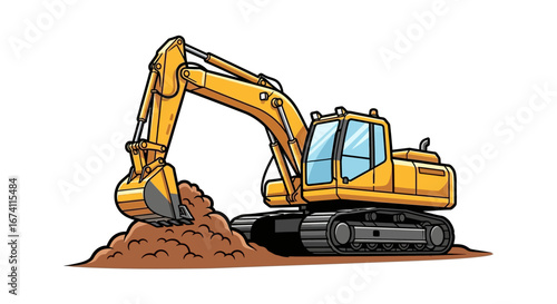 Cartoon illustration of a yellow excavator digging a pile of brown dirt.