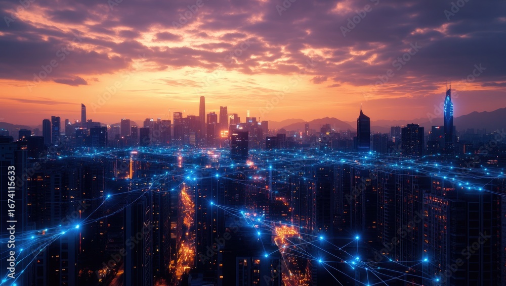 Obraz premium City skyline at sunset, network lines