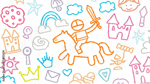 Childlike drawing featuring a knight on a horse castle rainbow and other whimsical elements in pastel colors silhouette