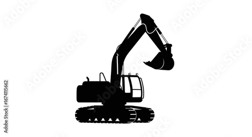 Silhouette of a construction excavator, showcasing its arm and bucket against a white background.