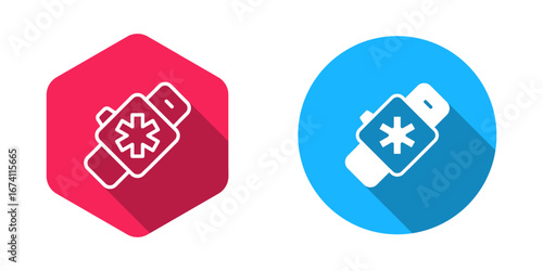 Filled and outline Smart watch showing heart beat rate icon isolated with long shadow background. Fitness App concept. Vector