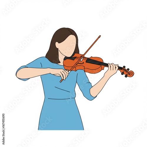 A simple illustration of a faceless woman with brown hair in a blue dress playing a classical violin.