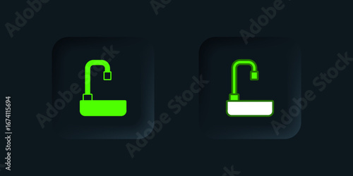 Green Washbasin with water tap icon isolated on black background. Black square button. Vector