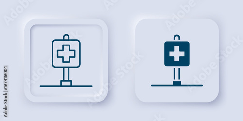 Filled and outline Medical map pointer with cross hospital icon isolated on grey background. Square button. Vector
