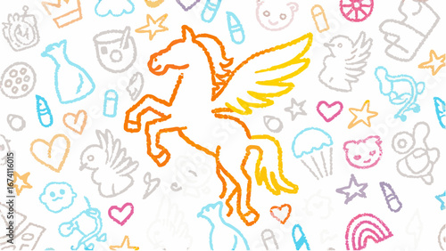 Illustration of a pegasus surrounded by various doodles including hearts stars and other whimsical elements silhouette