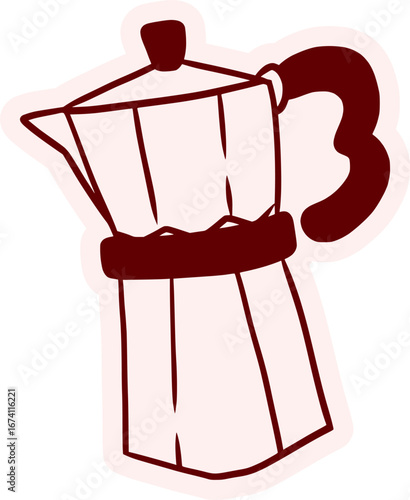 Italian moka pot sticker in a cute doodle style. Hand drawn vector icon of a stovetop espresso maker for coffee lovers or cafe-themed printable designs.