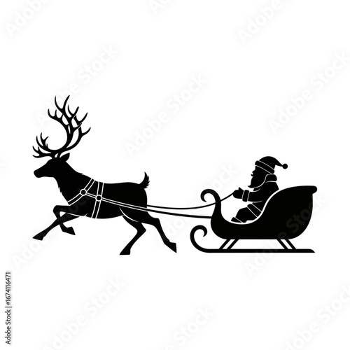 Santa Claus in Sleigh Pulled by Reindeer Silhouette