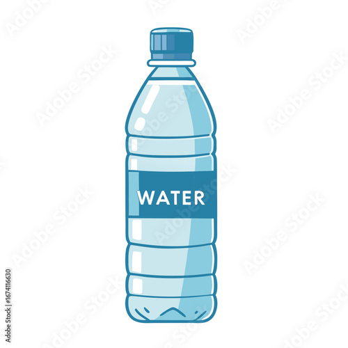 Clear blue water bottle with white label and blue cap liquid