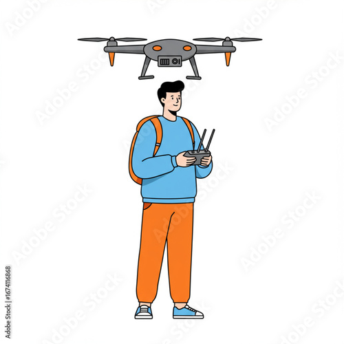 A person operates a drone using a remote control, with the drone hovering above.