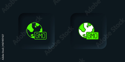 Green GMO icon isolated on black background. Genetically modified organism acronym. Dna food modification. Black square button. Vector