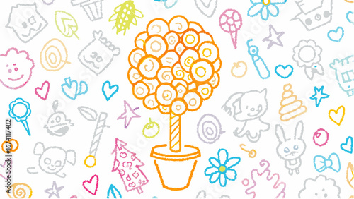Illustration of a topiary tree in a pot surrounded by childish drawings on a white background silhouette