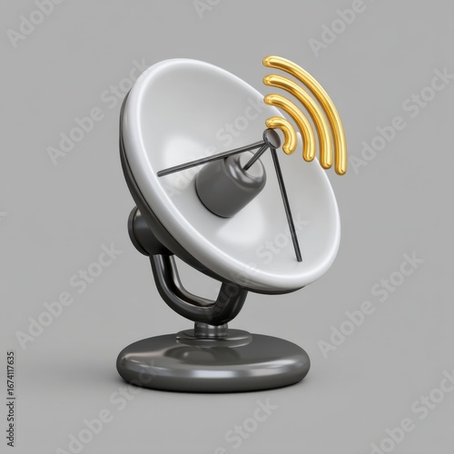 3D satellite dish with golden signal waves