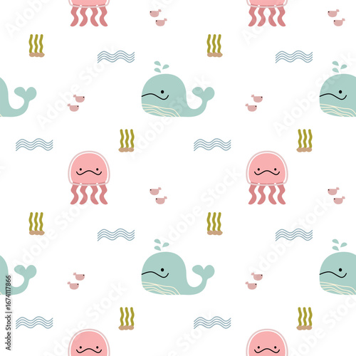 Whale and jellyfish smile cartoon so cute. On seaweed fish wane white background. Pattern seamless vector illustration. 