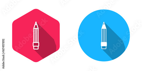 Filled and outline Pencil with eraser icon isolated with long shadow background. Drawing and educational tools. School office symbol. Vector