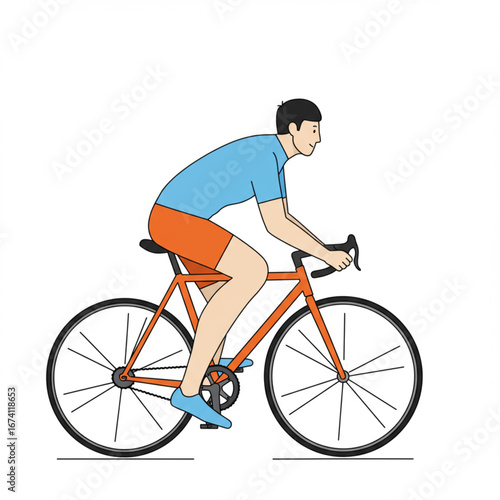 A side-view illustration of a young man in sportswear riding an orange road bicycle on a white background.