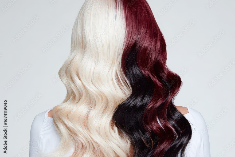 Naklejka premium A woman's back view showcases elegantly styled, wavy hair in two contrasting colors, white and deep burgundy.