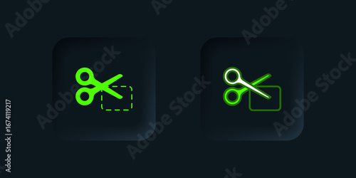 Green Scissors cuts discount coupon icon isolated on black background. The concept of selling in an online supermarket at low prices or half the cost. Black square button. Vector