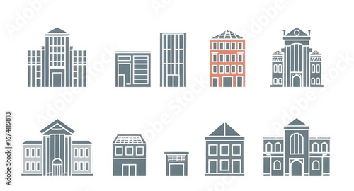 downtown building icon, real estate property icon, corporate tower, minimal building vector, landmark building, bank building icon, shopping mall vector, educational building icon, school building vec