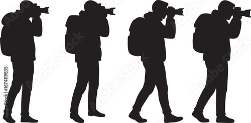Four photographers in silhouette holding cameras and backpacks isolated on white background