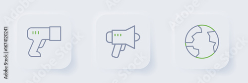 Set line Worldwide, Megaphone and Scanner scanning bar code icon. Vector