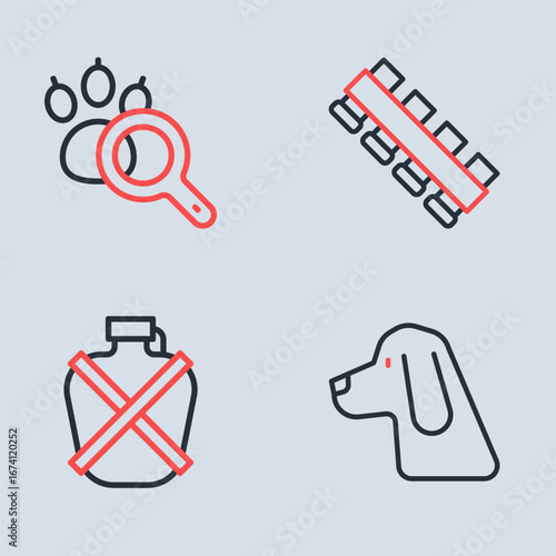 Set line Hunting cartridge belt, Canteen water bottle, dog and Paw search icon. Vector