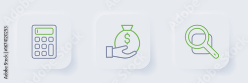 Set line Magnifying glass, Money bag and Calculator icon. Vector