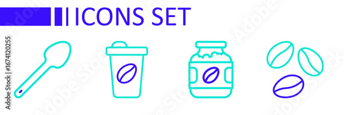 Set line Coffee beans, jar bottle, cup to go and Teaspoon icon. Vector
