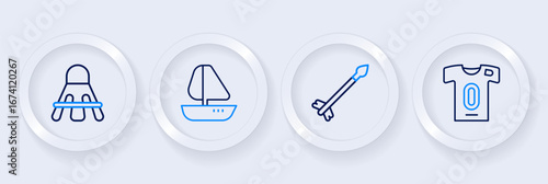 Set line Football jersey and t-shirt, Medieval arrows, Yacht sailboat and Badminton shuttlecock icon. Vector