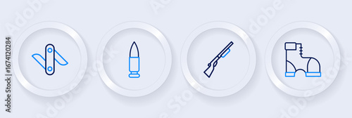 Set line Hunter boots, Hunting gun, Bullet and Swiss army knife icon. Vector