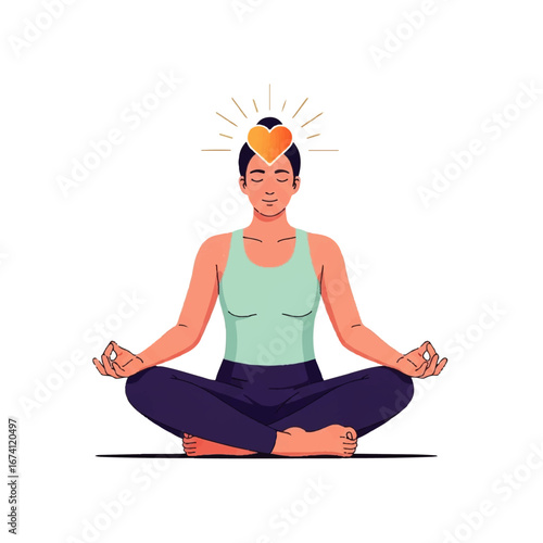 Woman Meditating with Heart Symbol Above Head