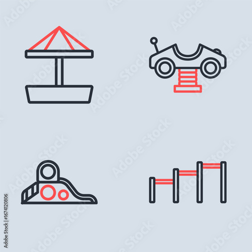 Set line Swing car, Slide playground, Sport horizontal bar and Sandbox with sand icon. Vector