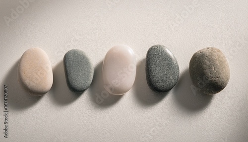 five smooth stones in a row on a textured white surface