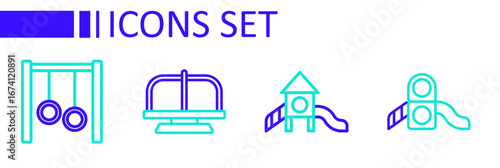 Set line Slide playground, Attraction carousel and Gymnastic rings icon. Vector