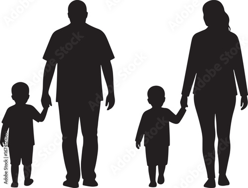 Silhouette of a family with two children walking together isolated on white background silhouette